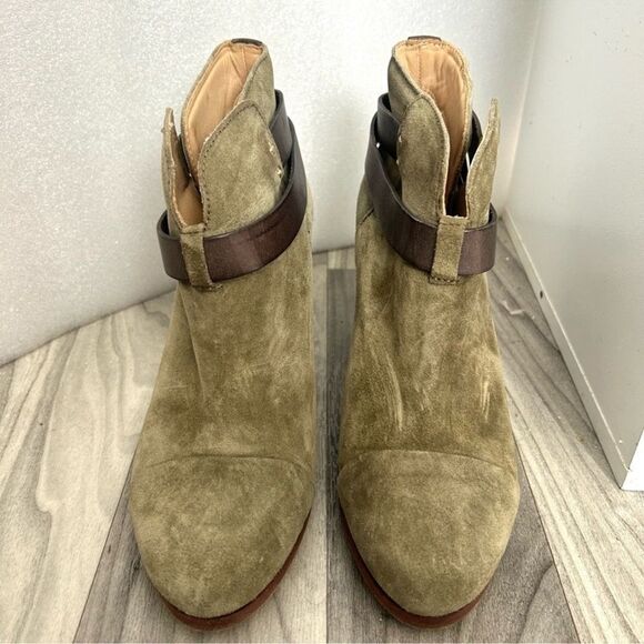 Rag & Bone 39 Harrow Camo Green Stacked Brown Heel Suede Leather Ankle Boots - Picture 2 of 9